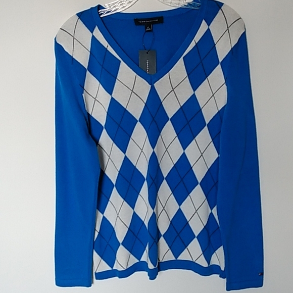 ARGYLE Blue White SWEATER V-neck Tommy Hilfiger Y2K Classy Lady Size Medium - Picture 2 of 6